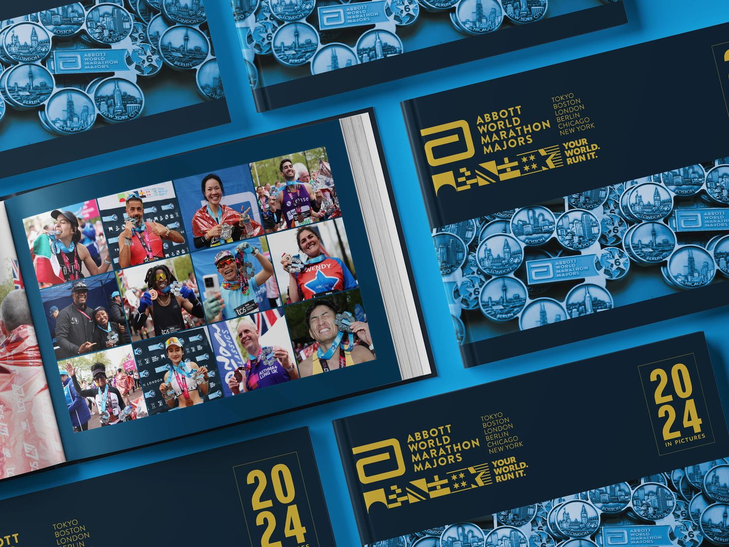 Flat lay of multiple Abbott World Marathon Majors 2024 photo books alongside an open spread showing a collage of runners holding medals