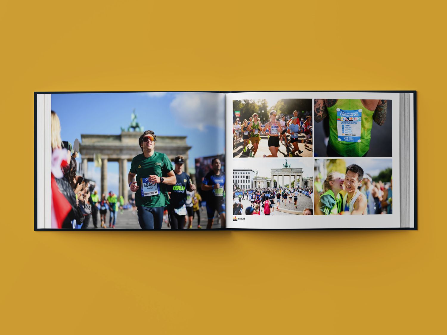 Open photo book displaying Berlin Marathon photos, featuring runners near the Brandenburg Gate and close-up shots of athletes during the race.