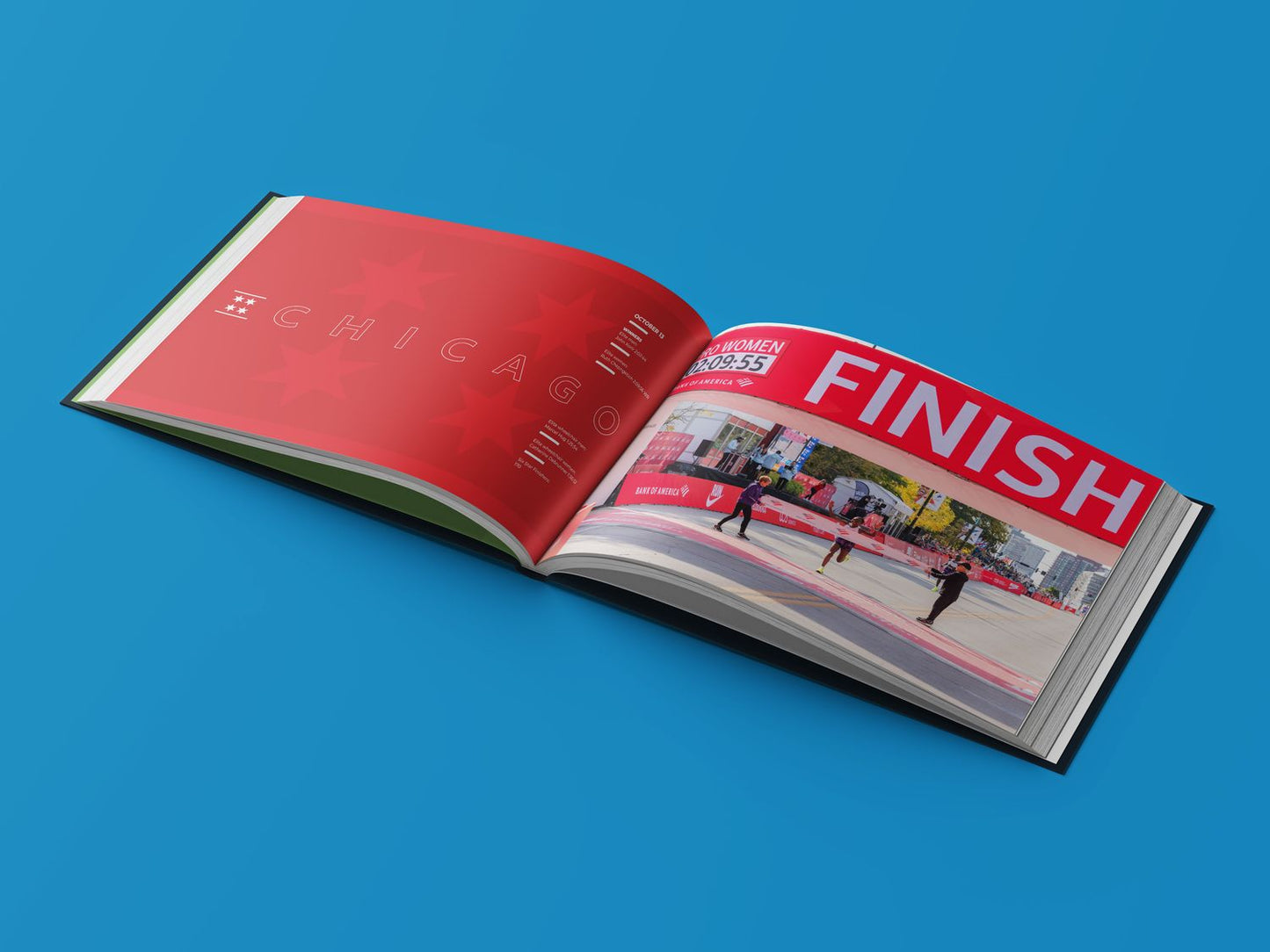 Open photo book showing a Chicago Marathon spread with a red page design on the left and a finish-line photo of runners crossing on the right.