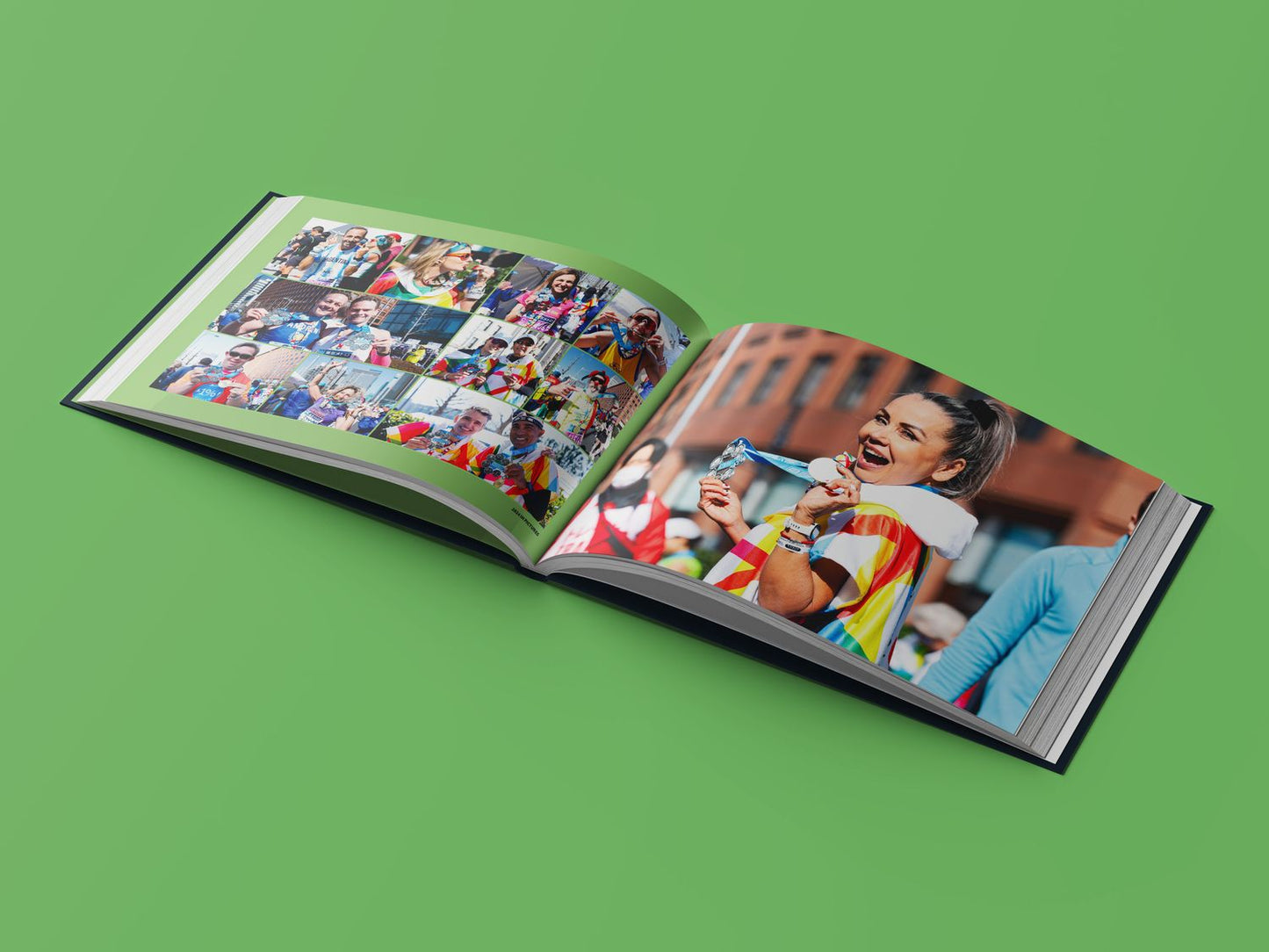 Open Abbott World Marathon Majors photo book showing a collage of runners holding medals on the left and a smiling runner biting a medal on the right.