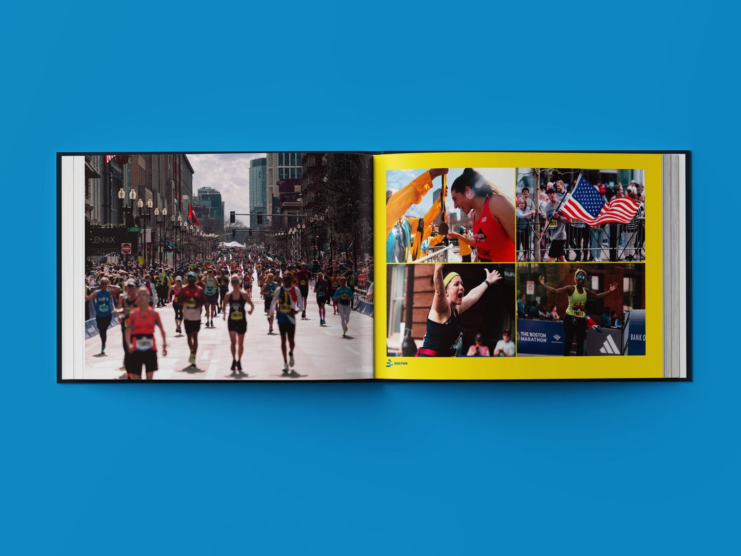 Open Abbott World Marathon Majors book showing Boston Marathon images, including a large street view of runners and smaller photos of athletes celebrating.
