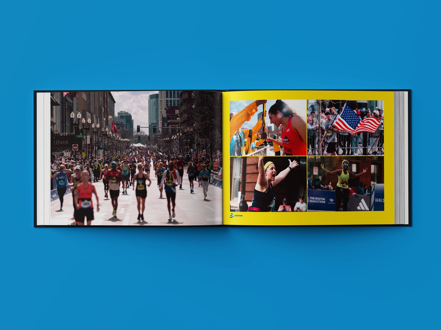 Open Abbott World Marathon Majors book showing Boston Marathon images, including a large street view of runners and smaller photos of athletes celebrating.